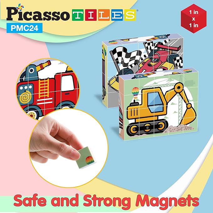 Picasso Cubes Magnetic Cube Puzzle 6-in-1 Vehicle Theme Pattern Magnet Brain Teaser Cubes Building Block 120 Pictures Toy Set Kids Ages 3 & Up Preschool Children Promotes Problem PMC24