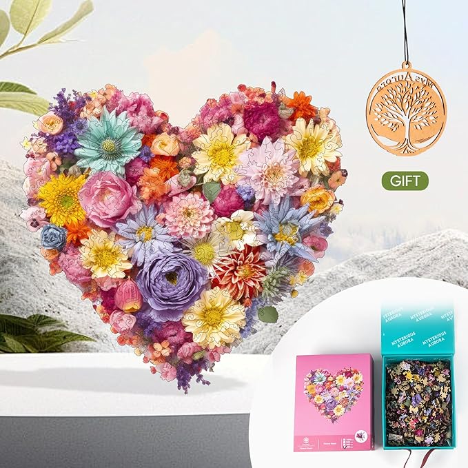 Flower Heart Wooden Jigsaw Puzzle for Adults and Kids 200 Pcs Unique Shape Wood Multicolor Beautiful Box Fun Challenge Brain Health Family Game Creative Gift for Friends Rompecabezas madera