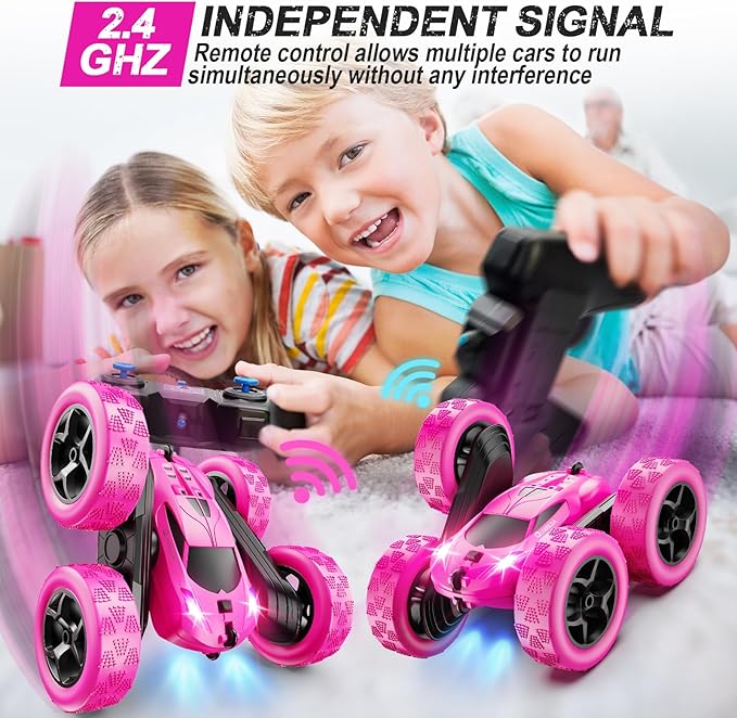 RC Cars, Rose Remote Control Car for Girls, 2.4 GHZ Double Sided RC Stunt Car 360° Rotating Remote Control Crawler with Headlights Car Toys for 6 7 8 9 10 11 12 Girls Birthday Gift