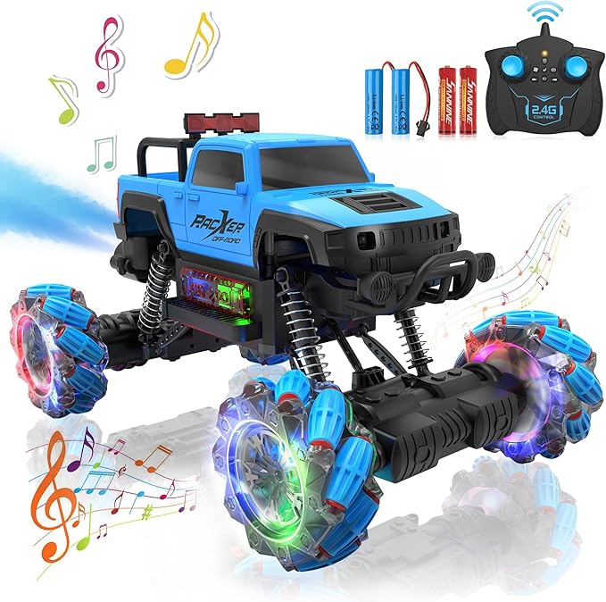 Programmable RC Stunt Truck, 1:12 Remote Control Monster Car with 360° Spin, Drift, One-Key Demo, 4WD All-Offroad Cars with Spray Music Dance Hobby Truck Gifts for 6-12 Boys Girls Christmas (Blue)