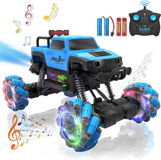Programmable RC Stunt Truck, 1:12 Remote Control Monster Car with 360° Spin, Drift, One-Key Demo, 4WD All-Offroad Cars with Spray Music Dance Hobby Truck Gifts for 6-12 Boys Girls Christmas (Blue)