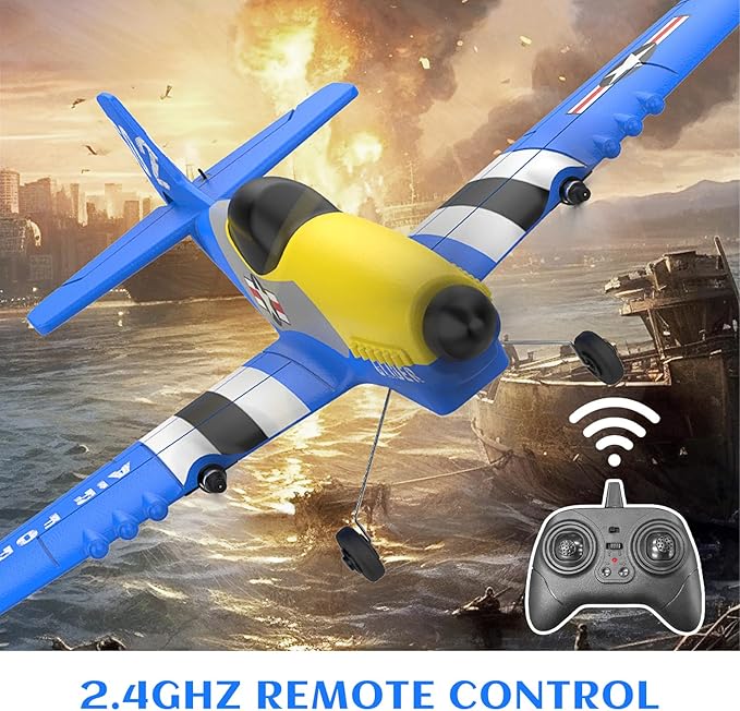 Rc Plane 3-Channel 2.4GHZ Rc Airplane, P51 Mustang Fighter with 2 Batteries, 6 Gyroscopes Stabilization System Easy to Fly Suitable for Beginners, Kids, Adults, Blue