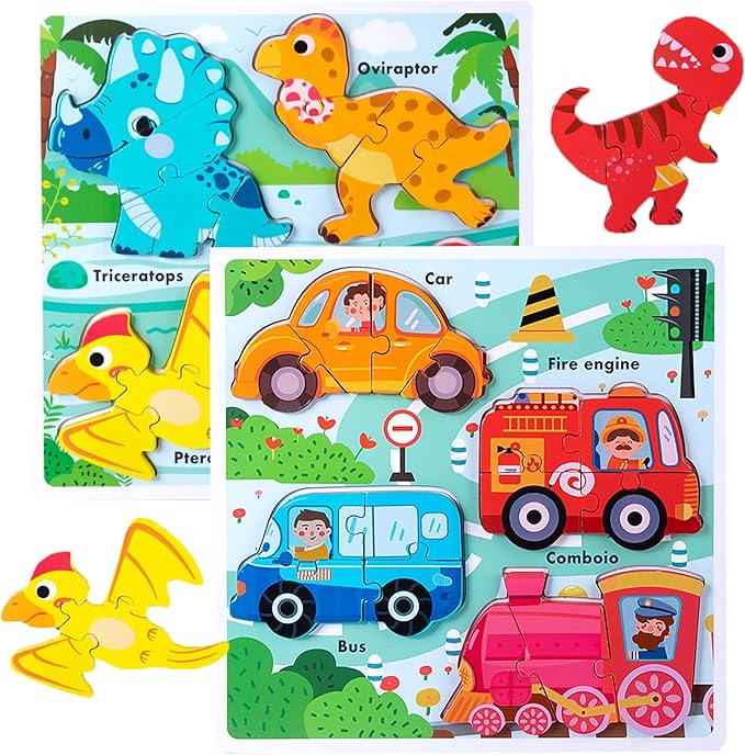 Wooden Puzzles for Toddlers 2-4 ，Vehicle & Dinosaur Toddler Puzzles Age 2-3，Toddler Toys for 2 3 Years Old Girls Boys，Montessori Learning Gifts for 2-3