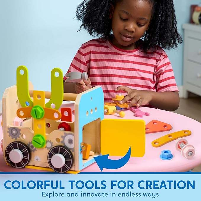 SYNCFUN Kids Tool Set, 51 PCS Wooden STEM Educational Tools for Boys and Girls, Montessori Toys for 3 4 5 6 Year Old, Learning and Construction Toys for Toddlers, Birthday Gift