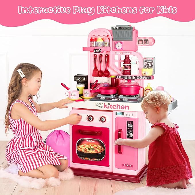 Kids Kitchen Playset, 27.1 Inches Play Kitchen with Sound and Light, Kitchen Set for Toddlers 1-3 3-5, Cooking Stove, Play Sink and Kitchen Accessories, Toy Kitchen (Pink)
