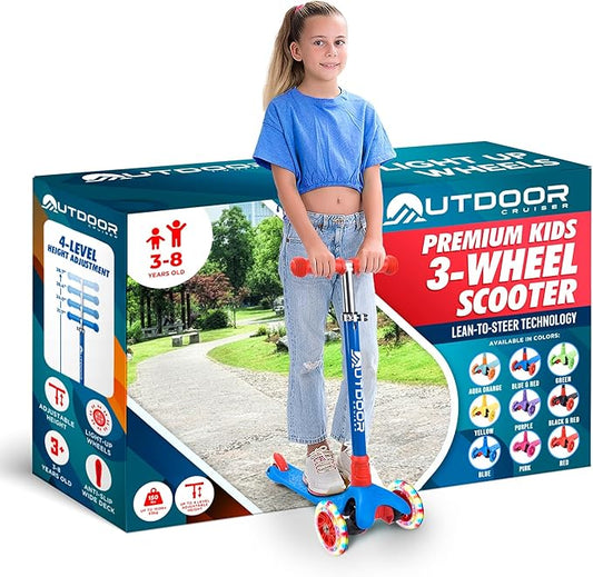 Outdoor Cruiser 3-Wheel Kids Scooter – with Lean-to-Steer Technology, Led Lighted Wheel, 4-Level Adjustable Height T-bar Handle, Support Kids Up to 150 Lbs, for Boys & Girls Ages 3-8, Blue and Red