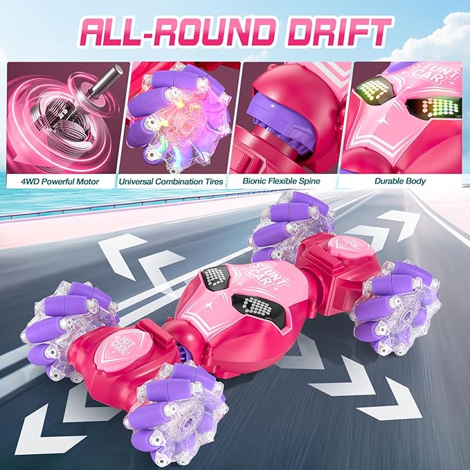 Axirata Gesture Sensing RC Stunt Car with Lights & Music for Girls Kids 6-12 Year Old 4WD 2.4GHz Hand Controlled Remote Control Car 360° Rotation Off-Road Toy Car Gift for Girls Kids(Pink)