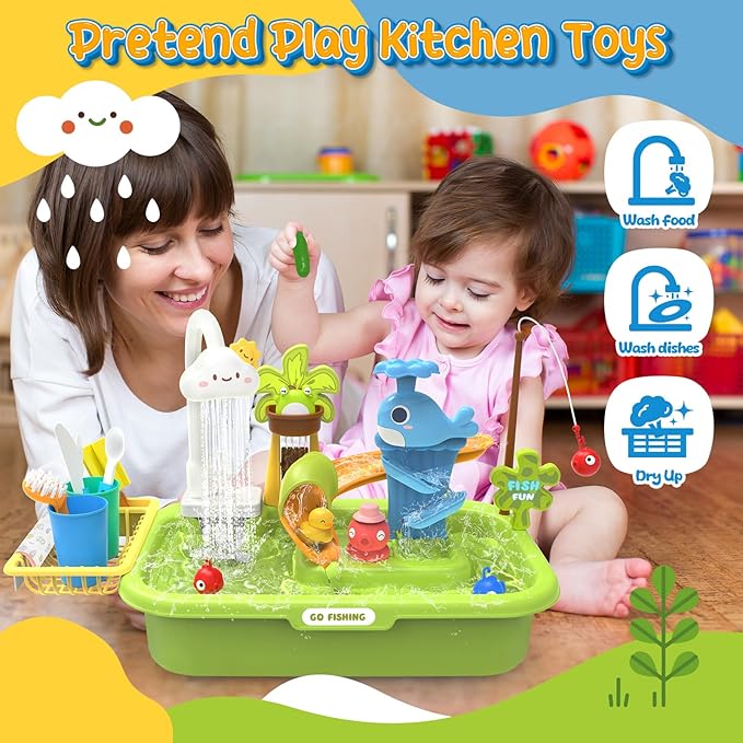 Play Sink with Running Water, 4-in-1 Kids Kitchen Sink Toys with Electric Faucet, Water Table Floating Pool Toy w/Fishing Game, Duck Slide, Pretend Play Dishwasher Set for Toddler Boys Girls (Green)