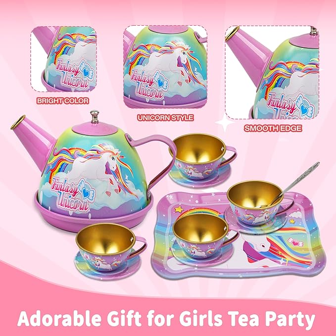 SMILESSKIDDO 46pcs Tea Party Set for Little Girls - Princess Tea Party Set,Kids Kitchen Pretend Play Toys - Toddler Tea Party Sets for Girls 3-5, Girls Tea Party Set Gift for 3 4 5 6 Girl(Unicron)