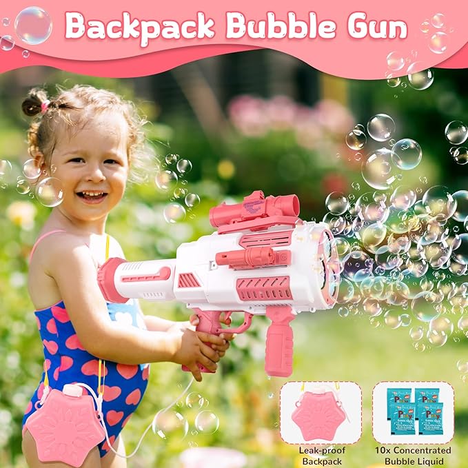 Bubble Gun, Upgrade Gatling Bubble Machine Gun Portable Bubble Maker with Backpack, Anti-Leakage Bubble Blower Gun Gifts for Boys Girls Age 3 4 5 6 7 8 9 10 11 12 Years Old (Pink)