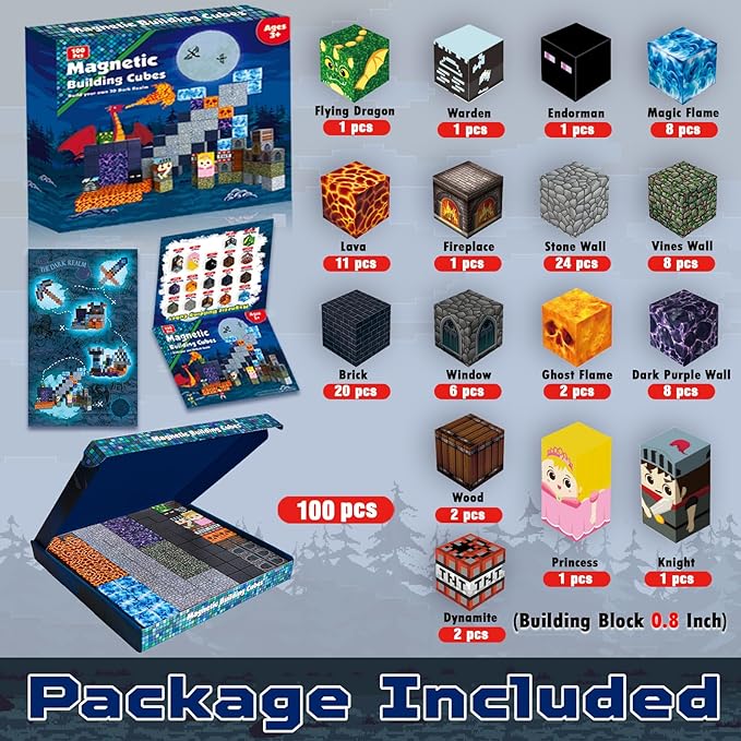 Magnetic Blocks - 100PCS Build Magnetic Dark Castle - Magnetic Toys for Montessori Toddler Christmas Birthday Gifts - STEM Sensory Toys for 3 4 5 6 7 8 9 10 Year Old Boys