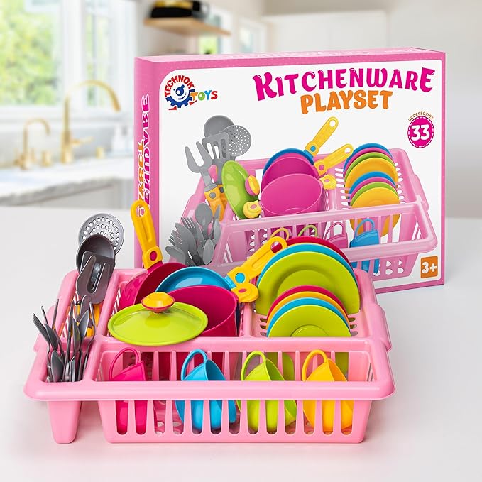 Play Dishes for Kids Kitchen | Pretend Play Kitchen Dishes Set with Drainer | Pretend Dishes Cookware Set | Fun and Colorful Toy Dishes Kit | Childrens Durable Tableware Playset (33 Pcs - Pink)