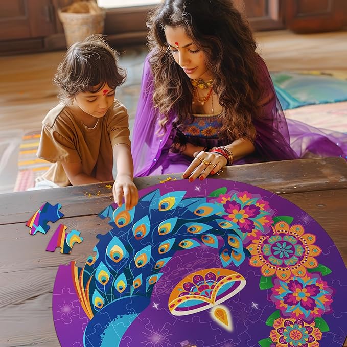 Rangoli Diwali Puzzle for Kids 70 Pieces Double Sided Large Mandala Floor Puzzle 22", Indian Holiday Decorations Gifts for Kids 3+ Party Favors