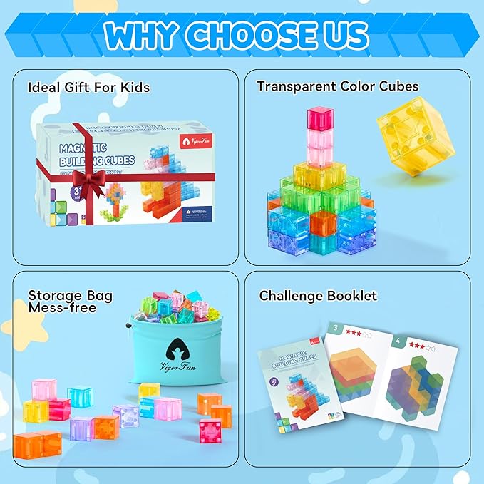 Magnetic Blocks Set, Magnet Building Blocks with Toy Figurine and Storage Bag for Kids Gifts, STEM Educational Preschool Sensory Toys for Toddlers Boys Girls Ages 3-12(Transparent)