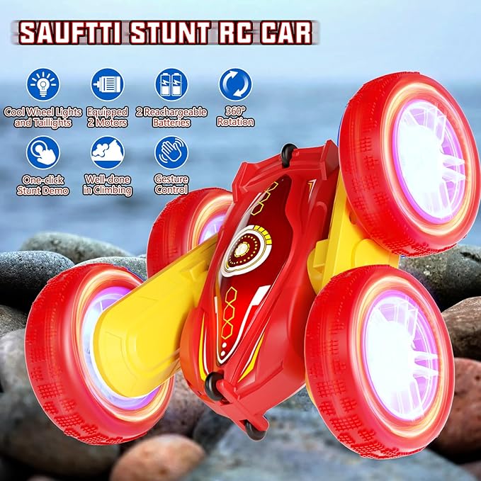 RC Stunt Cars, Gesture Sensor Remote Control Car, 4WD Remote Control Monster Trucks, 2.4Ghz RC Rock Crawler with Headlights Wheel Lights, Double Sided 360° Flips RC Car Toys for Kids Boys Girls (Red)