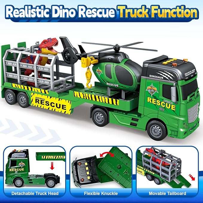 Toddler Boy Toys for 3 4 5 6 7 Years Kids, 23" Semi Flatbed Truck Toy with a Dinosaure Truck, Friction Powered Vehicles Toys with Lights and Sounds, Birthday for Boy Girls