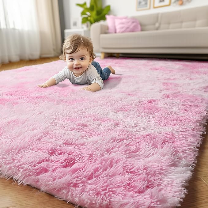 Amdrebio Tie-Dyed Pink and White Area Rugs for Girls Bedroom, Plush Kawaii Fuzzy Throw Princess Rug for Kids Room Playroom, Soft Fluffy Furry Shaggy Carpet for Nursery, 4x6, Cute Room Decor for Baby
