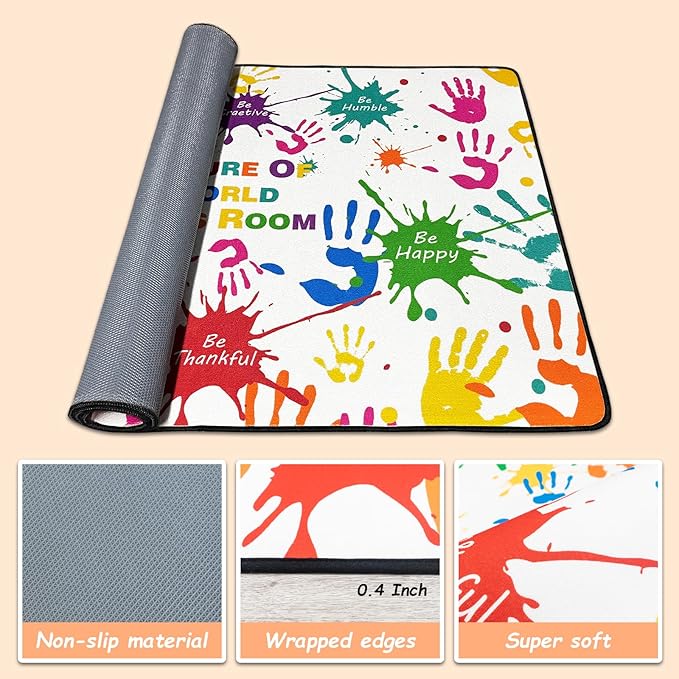 Colorful Handprints Kids Rug for Playroom,Non-Slip Rugs for Babies and Infants,Large Area Rugs for Classroom,Play Rug for Kids Bedrooms,Ultra Soft Carpet Play for Nursery Washable 78.7 X 118.1 inch