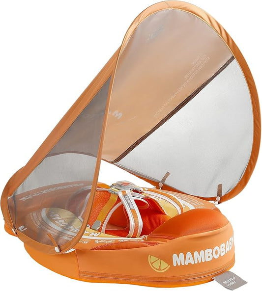 Mambobaby Float Add Tail Baby Swim Float with Canopy Solid Pool Infant Swim Trainer Swimming Training Lying Air Free Water Floats Non-Inflatable Waist Swim Ring for Toddlers (Orange)