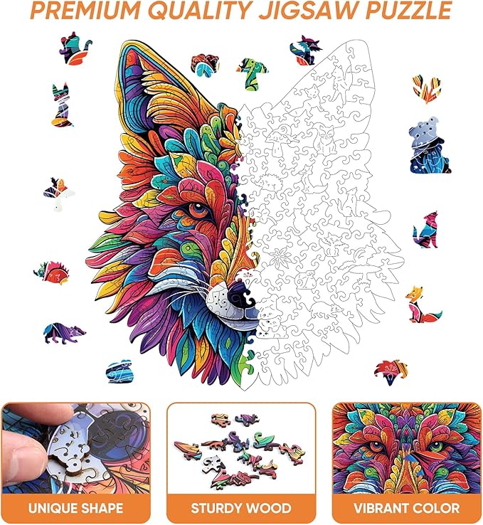 Original Wooden Jigsaw Puzzles-Wolf,200pcs,Medium 10.2x11.2in,Wooden Puzzles for Adults,Unique Shape Animal Adult Puzzles,Irregular Wood Puzzles Best Gift for Adults and Kids Family Game