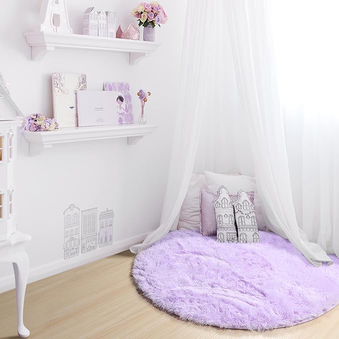 ONASAR Light Purple Round Area Rug 4ft, Soft Bedroom Circle Rugs Floor Mats for Kids Girls Teen Room, Cute Fluffy Plush Shaggy Carpet for Baby Nursery Living Room Playroom Dorm Home Decor