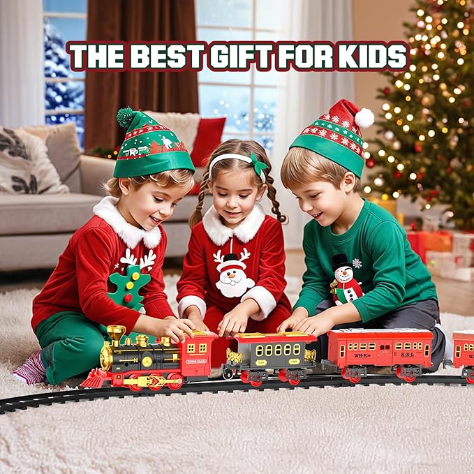 Christmas Train Set with Smoke, Lights, and Sound - Ideal Gift for Toddlers and Kids Ages 2-8, Classic Electric Train Set for Under The Tree, Holiday Decoration for Boys & Girls