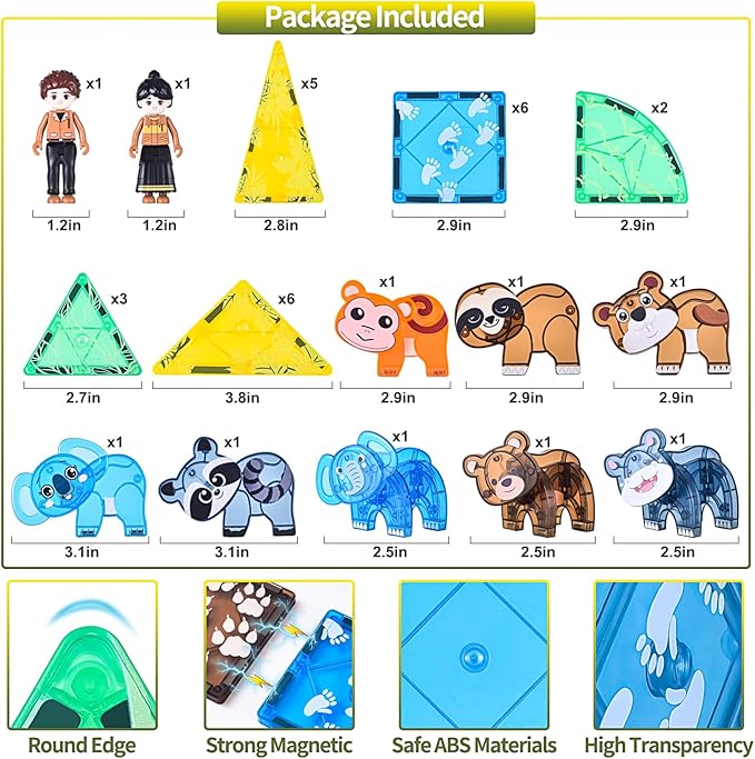 Magnetic Tiles Set, Magnet Blocks Building Toys, Safari Animals Magnetictile for Toddler 3-5, Assembly 3D Structure Jungle & Forest Theme, STEM Learning Toy for Kids Girls,Boys Age 3 4 5 6 7