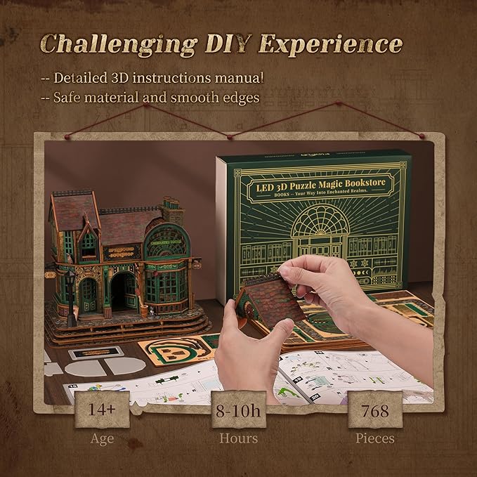 LED 3D Wood Puzzle - Magic Bookshop Building Model Kit with LEDs - DIY Miniature Magical Bookstore - 3D Puzzle Architecture Craft Gift for Adults
