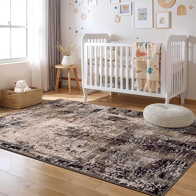 Entryway Rug 3x5 Brown Bedroom Area Rug Washable Non Slip Abstract Coffee Boho Rugs for Indoor Entry, Kitchen, Classroom, Bathroom, Kids Girls Room, Office, College Dorm Small Carpet