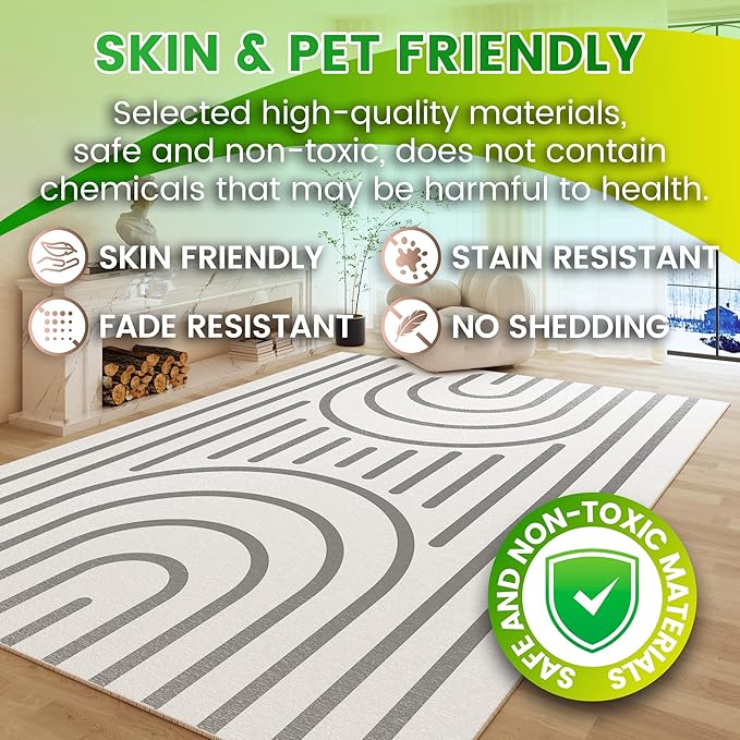 Washable 5x7 Modern Area Rug for Living Room, Grey White Minimalist Artistic Abstract Large Rug, Ultra Thin Low Pile Lightweight Soft Indoor Carpet with Nonslip Backing for Home Bedroom Kids Play Room