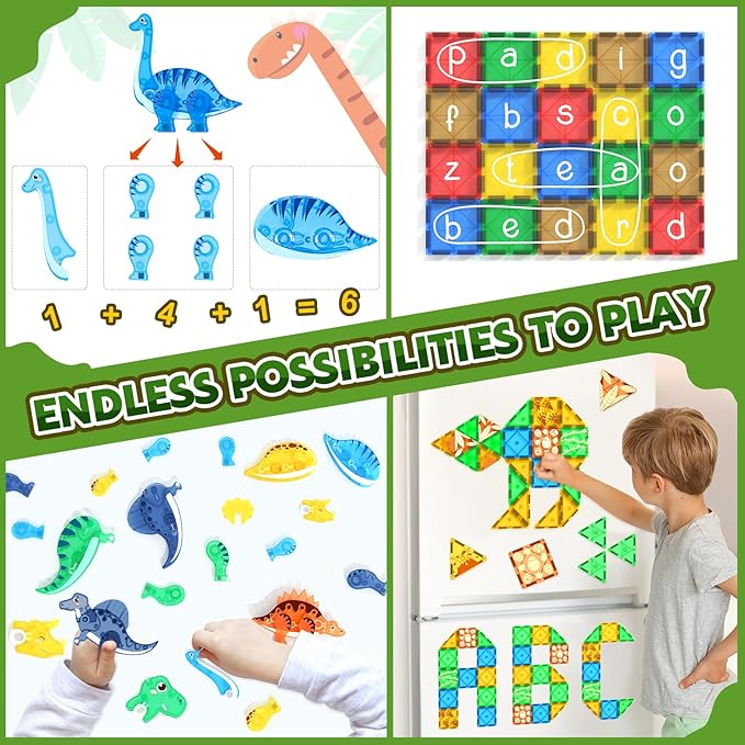 Dinosaur Toys Magnetic Tiles 3D Movable Dinos for Kids 3-5 5-7 Toddler Outdoor Sensory Toys, STEM Educational Magnetic Blocks for 3+ Years Old Boys Girls Kids Toy