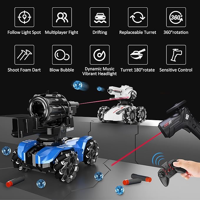 RC Tank Car,Rc Car That Shoot,2 Heads That Shoot Nerf Bullet (Foam Dart), Make Bubble, Remote Control Tank for Adult, 4WD Battle Stunt Car with 360°Rotating, LEDs, Music, Toy Gift for Boys 6+