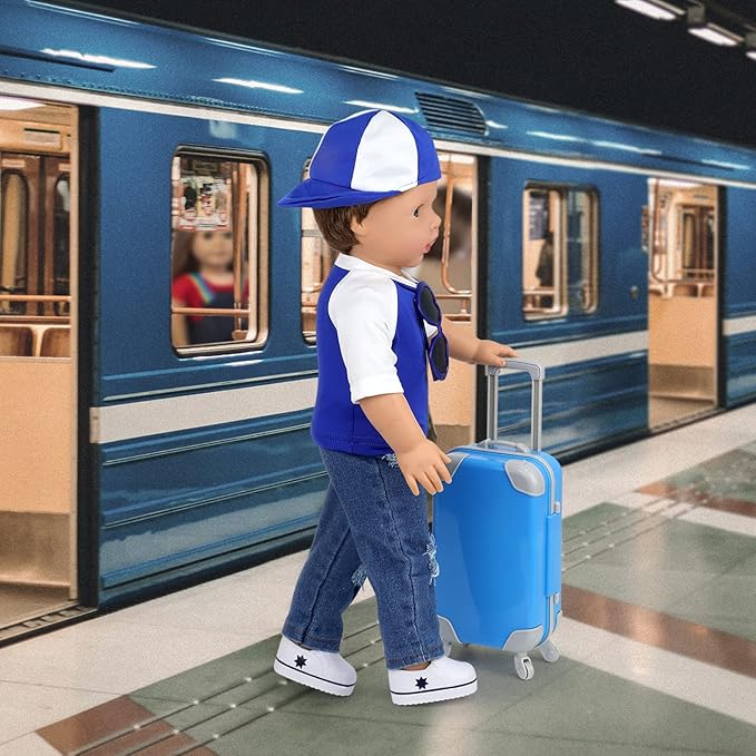 Ecore Fun 24 Pcs 18 Inch Boy Doll Clothes and Accessories Suitcase Play Set Included Travel Carrier Clothes Camera Phone Travel Pillow Passport Tickets Cashes Credit Card Map