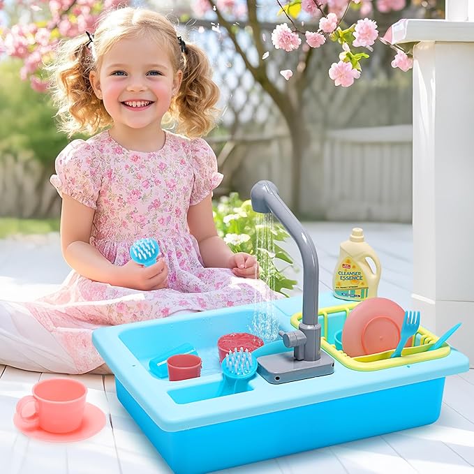 CUTE STONE Color Changing Kitchen Sink Toys, Children Electric Dishwasher Playing Toy with Running Water, Upgraded Faucet, Automatic Water Cycle System Play House Pretend Role Play Toys for Boys Girls