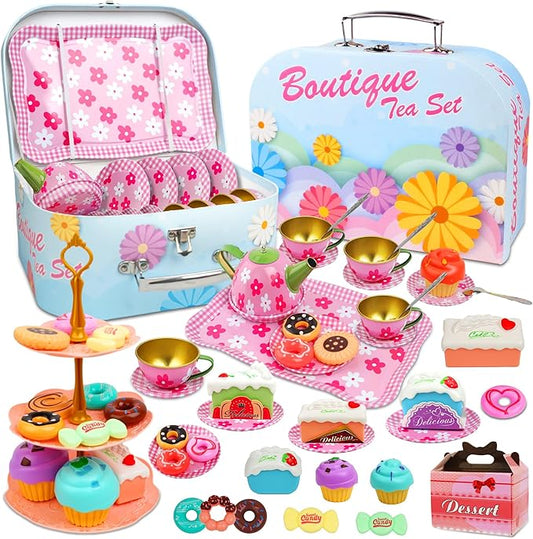 SMILESSKIDDO 46pcs Tea Party Set for Little Girls - Princess Tea Party Set,Kids Kitchen Pretend Play Toys - Toddler Tea Party Sets for Girls 3-5, Girls Tea Party Set Gift for 3 4 5 6 7 8 Girl(Flower)