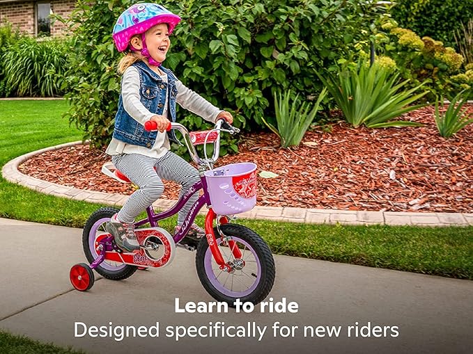Schwinn Elm BMX Style Toddler and Kids Bike, For Girls and Boys, 16-Inch Wheels, With Saddle Handle, Training Wheels, Chain Guard, and Front Basket, Recommended Height 38-48 Inch, Purple