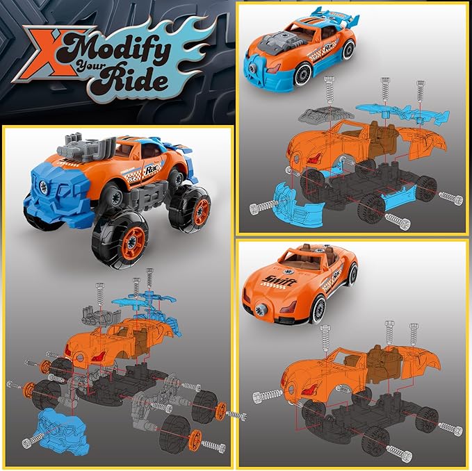 Pup Go 3-in-1 Take Apart Car for Boys with Electric Drill, 43Pcs Construction Toy Truck, Build Your Own Car with Play Tools, Ideal STEM Gift for Kids Children Ages 3 4 5 6 7 Year Orange