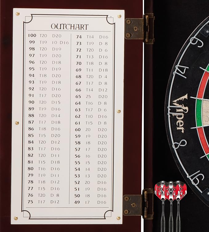 Viper Hudson All-in-One Dart Center: Classic Solid Wood Cabinet & Official Sisal/Bristle Dartboard Bundle with Steel-Tip Dart Set, Dry Erase Scoreboard & Out-Chart, Mahogany Finish