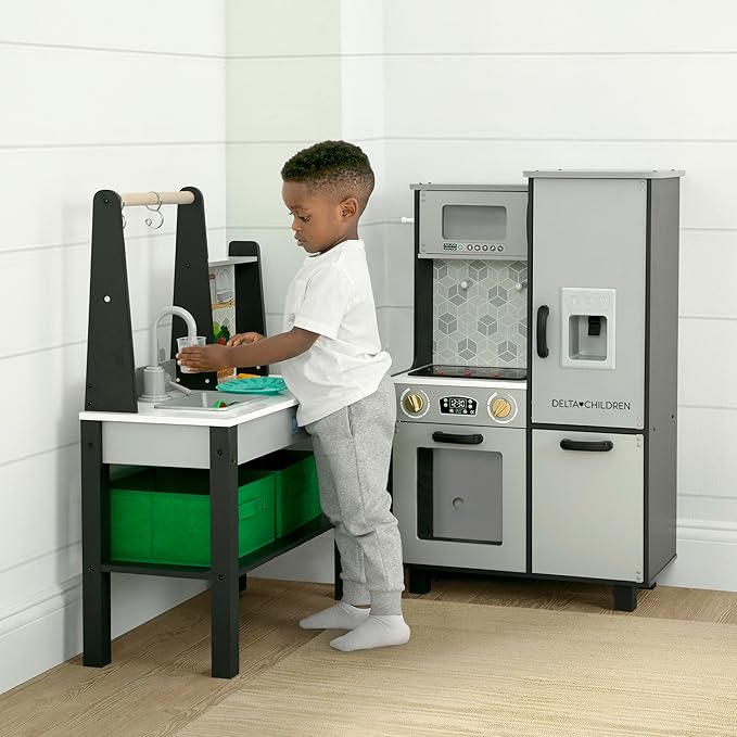 Delta Children Gourmet All-in-One Corner Play Kitchen - Toy Kitchen Playset with Safe & Heatless Stove with Lights, Oven, Sink, Fridge/Freezer with Ice Maker and 20 Accessories, Grey