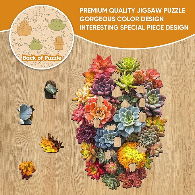 delobi Succulent Waterfall Wooden Puzzles, 500 Pieces Jigsaw Puzzles 18.5'' x13.1'', Unique Design Liberty Wooden Puzzles for Adults and Kids, Family Game Gift Royal Size