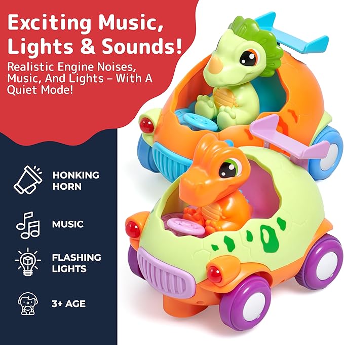 PREXTEX Dino Remote Control Car - Cartoon Style Dinosaur Remote Car with Music and Lighting - Disassemblable and Assemblable - Forward and Rotational Movement - Plastic - Multi-Color