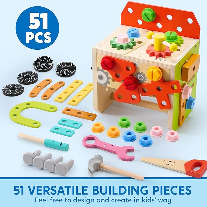 SYNCFUN Kids Tool Set, 51 PCS Wooden STEM Educational Tools for Boys and Girls, Montessori Toys for 3 4 5 6 Year Old, Learning and Construction Toys for Toddlers, Birthday Gift