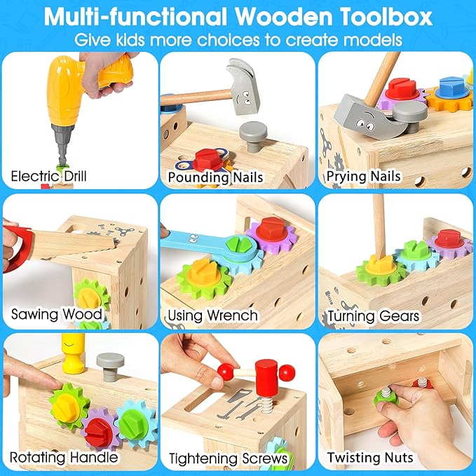 Kids Tool Set with Electric Drill, 39 Pcs Wooden Toddler Play Tool Bench Kits with Tool Box, Montessori STEM Educational Pretend Construction Toy for 3 4 5 6 Year Old Boys Girls Birthday Gifts
