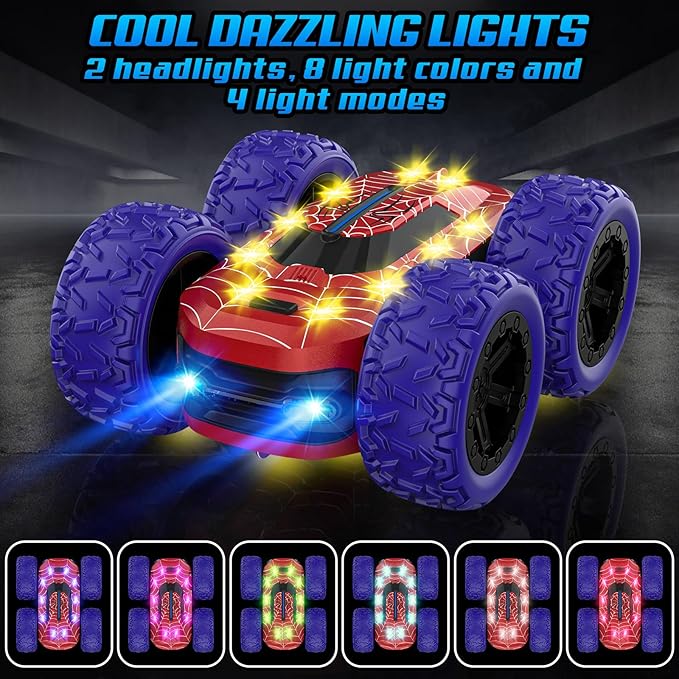 Remote Control Car for Boys, RC Cars for Kids with Colorful LED Lights, 2.4Ghz Double Sided 360° Flips 4WD Stunt Car, Rechargeable Toy Cars for Boys Girls Ages 4-6 5-7 6-8 8-12 Birthday Gift