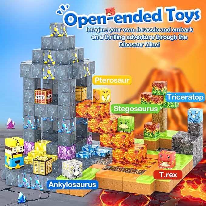 168PCS Magnetic Blocks-Build Mine Magnet World Dinosaur & Mine Edition, Building Outdoor Sensory Toys for Kids 3-5, STEM Jurassic Kid Games for Toddler Gifts for Boys and Girls Ages 3 4 5 6 7 8