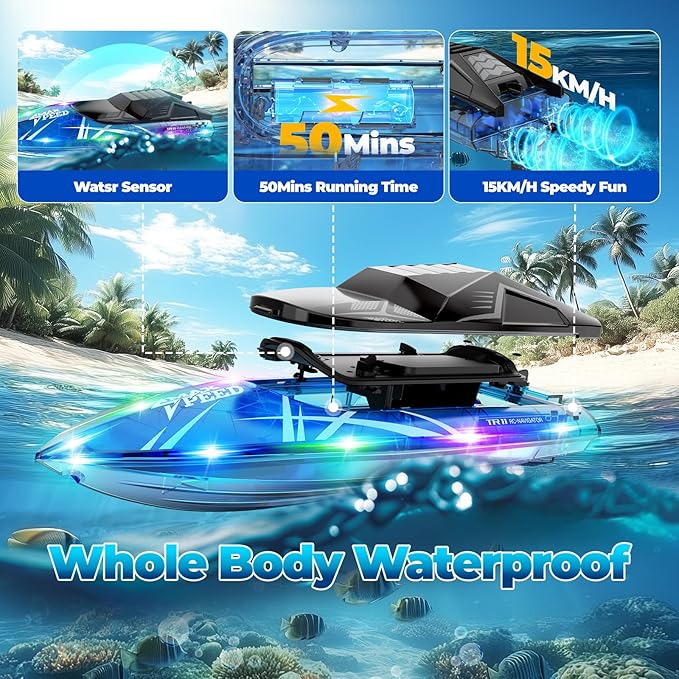 Remote Control Boat for Kids, 2Pack RC Boats with LED Lights for Pools Lakes River & Bathtub, 2.4Ghz Control, Whole Body Waterproof, 2 Rechargeable Batteries Summer Water Toys