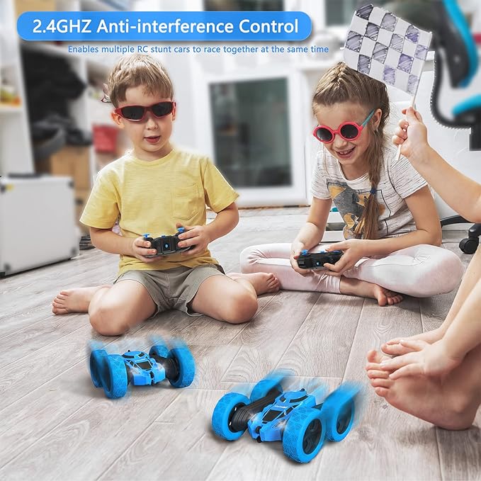 Remote Control Car Double Sided 360°Rotating 4WD RC Cars with Headlights 2.4GHz Electric Race Stunt Toy Car Rechargeable Toy Cars for Boys Girls Birthday (Blue)