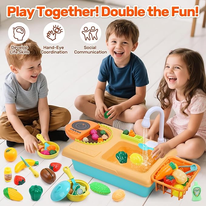 CUTE STONE Kids Pretend Play Sink with Running Water, Toddler Sink Toy with Upgraded Electric Faucet, Play Kitchen Accessories, Cooking Stove, Vegetable Garden Toys, STEM Learning Gift for Ages 3+
