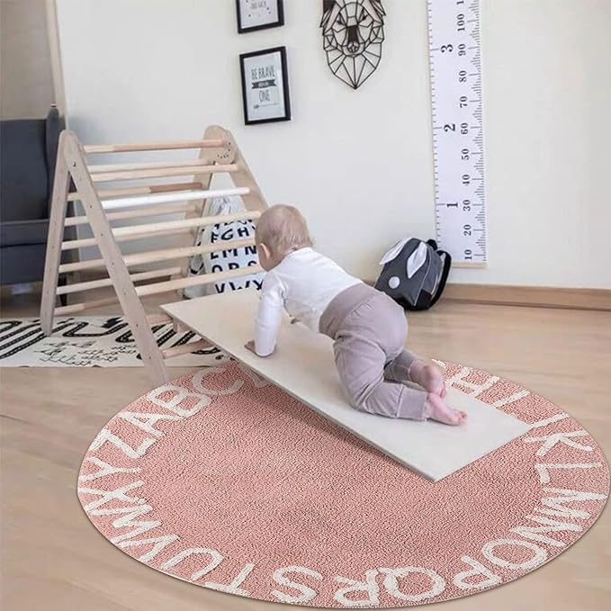 ABC Kids Rug Alphabet Educational Area Rugs for Infant Toddlers - Baby Play & Sleeping Plush Mat, Hand Woven Alphabet Carpet for Home Decor Teepee Tent (Round, 47", Pink White)