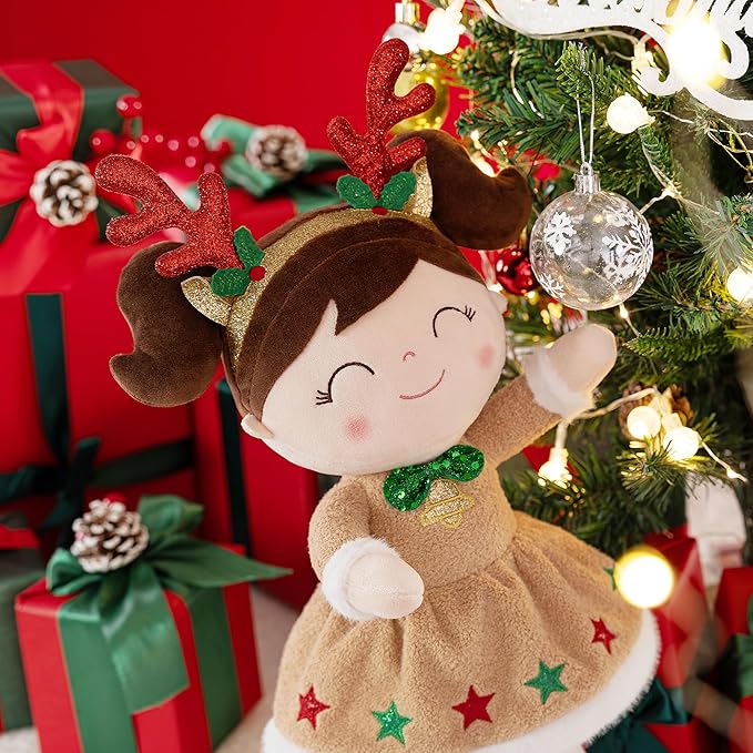 Gloveleya Christmas Reindeer Girl Doll – Soft Plush Doll with Gift Box and Card, for Girls 2-8 Ages, 16-inch